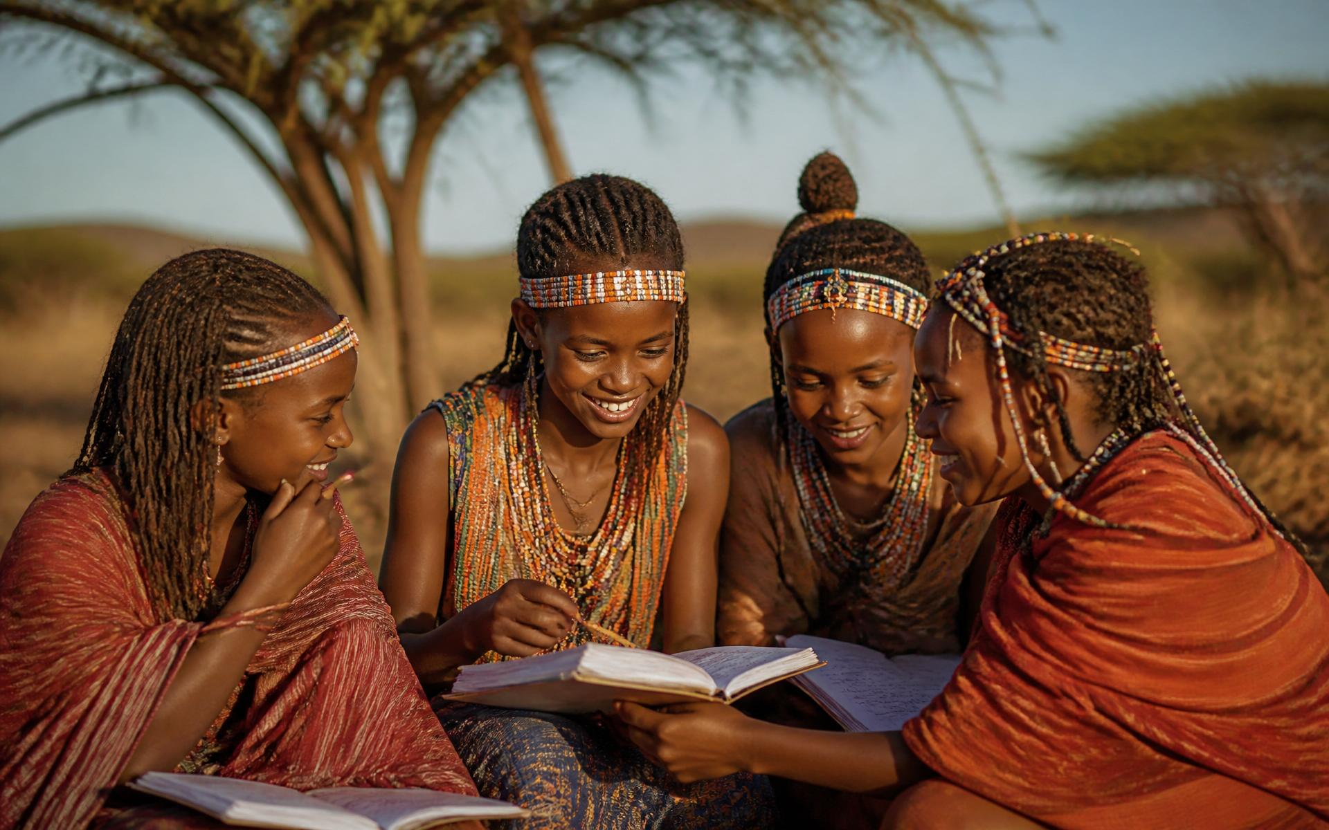 Pastoralist girls in Borena reading together under an acacia tree